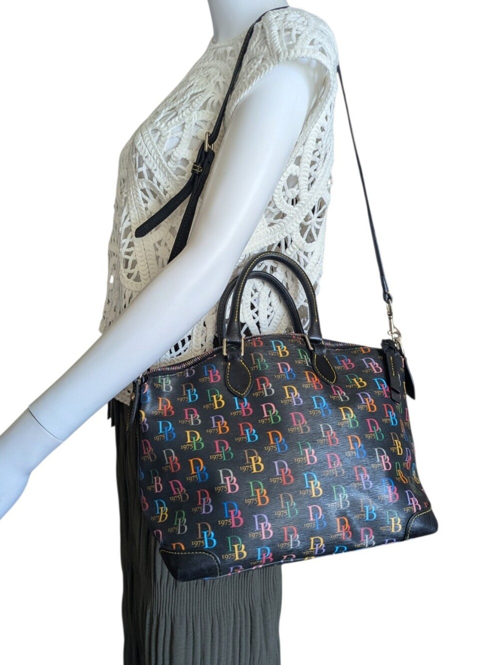 Dooney & Bourke Black Multicolor Logo Satchel - Picture 2 of 14